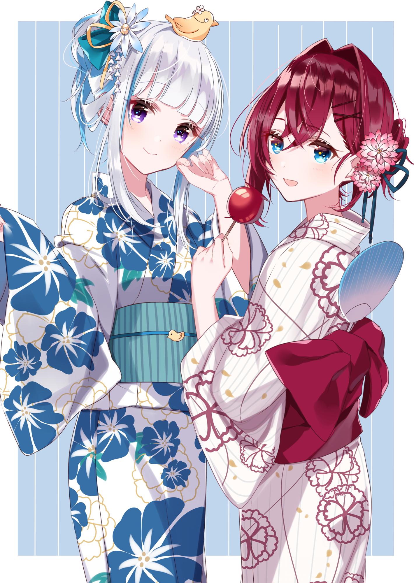 2girls ange_katrina animal animal_on_head bangs bird blue_bow blue_eyes blue_hair blue_kimono blunt_bangs blush bow closed_mouth commentary cowboy_shot duck fan floral_print flower food from_behind hair_bow hair_flower hair_intakes hair_ornament hair_up highres holding holding_food japanese_clothes kimono lize_helesta long_hair long_sleeves looking_at_viewer looking_back misumi_(macaroni) multicolored_hair multiple_girls nijisanji obi on_head open_mouth paper_fan redhead sash sebastian_piyodore short_hair smile striped two-tone_hair uchiwa vertical-striped_kimono vertical_stripes virtual_youtuber white_hair white_kimono wide_sleeves yukata