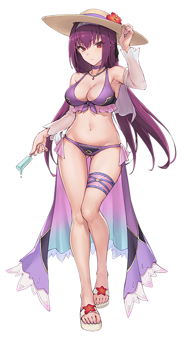 1girl alternate_costume bikini breasts choker fate/grand_order fate_(series) food full_body hair_between_eyes haoni holding holding_food jewelry large_breasts leg_garter long_hair navel necklace popsicle purple_bikini purple_hair red_eyes sandals scathach_(fate)_(all) scathach_skadi_(fate/grand_order) shrug simple_background solo standing swimsuit white_background