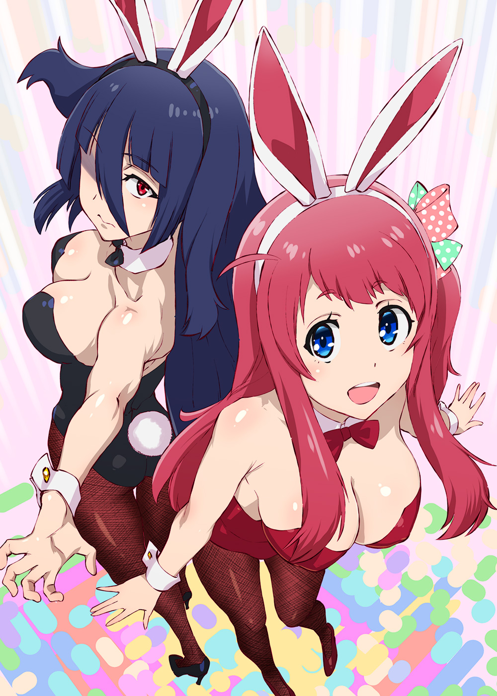 2girls animal_ears ass back-to-back black_hair black_leotard black_neckwear blue_eyes bow bowtie breasts brown_legwear bunny_girl bunny_tail bunnysuit commentary_request detached_collar fishnet_pantyhose fishnets full_body highres large_breasts leaning_forward leotard long_hair looking_at_viewer medium_breasts minamoto_sakura multiple_girls one_side_up pantyhose perspective pink_hair polka_dot polka_dot_bow rabbit_ears red_eyes red_leotard red_neckwear ribbon standing strapless strapless_leotard tail ueyama_michirou very_long_hair wrist_cuffs yamada_tae zombie_land_saga