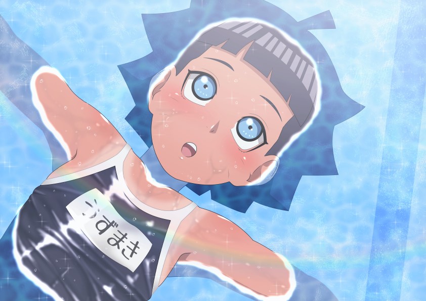 1girl :o afloat ahoge bangs bare_shoulders black_hair black_swimsuit blue_eyes blunt_bangs blush boruto:_naruto_next_generations eeshin_(eishin5584) facial_mark from_above looking_away looking_up name_tag naruto_(series) outstretched_arms school_swimsuit shiny shiny_clothes shiny_hair short_hair solo sparkle spiky_hair spread_arms swimsuit tan upper_body upper_teeth uzumaki_himawari water wet whisker_markings