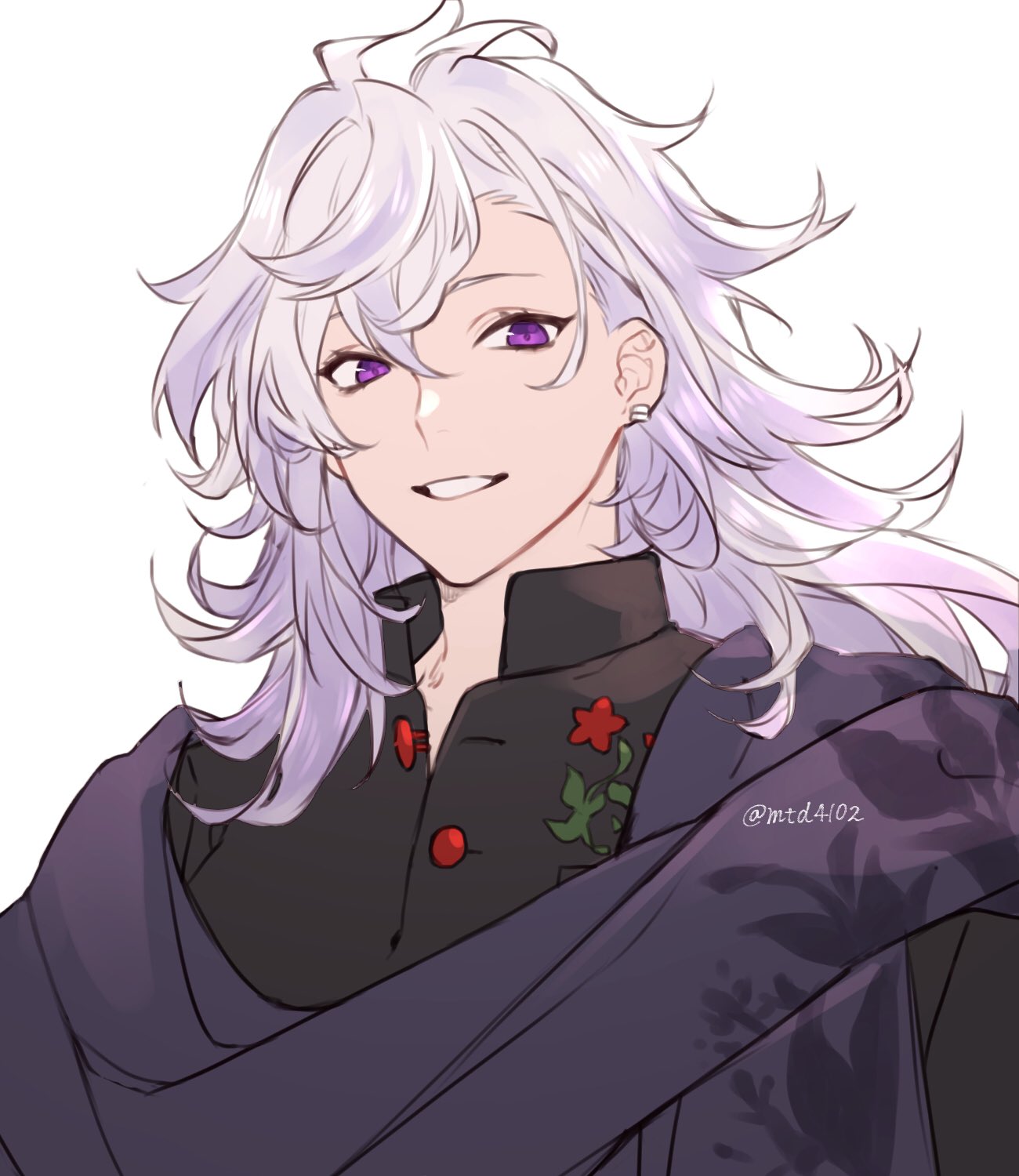 1boy black_shirt camelot_&amp;_co close-up earrings fate/grand_order fate_(series) highres jewelry long_hair male_focus merlin_(fate) purple_scarf scarf shirt silver_hair simple_background smile solo twitter_username upper_body violet_eyes white_background