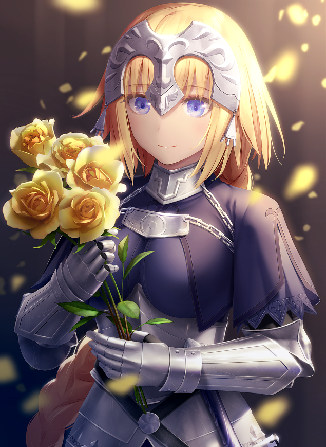 1girl armor armored_dress blonde_hair blue_eyes braid breasts commentary_request eyebrows_visible_through_hair fate/apocrypha fate_(series) flower gauntlets hair_ornament haribote_(tarao) headpiece holding holding_flower jeanne_d'arc_(fate) jeanne_d'arc_(fate)_(all) large_breasts long_braid long_hair looking_at_viewer single_braid smile solo upper_body yellow_flower