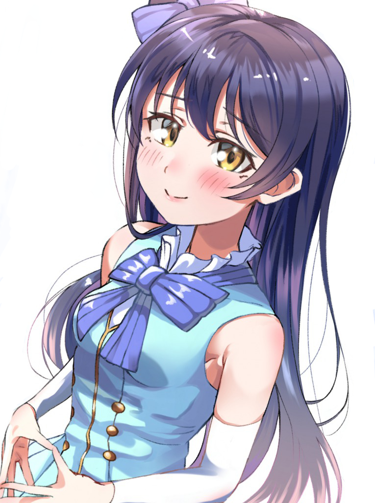 1girl bangs blue_hair blush bow closed_mouth commentary_request detached_sleeves dress eyebrows_visible_through_hair fingers_together hair_between_eyes hair_bow hair_ornament long_hair looking_at_viewer love_live! love_live!_school_idol_project ribbon shaka_(staito0515) simple_background smile solo sonoda_umi standing start:dash!! steepled_fingers upper_body white_background yellow_eyes