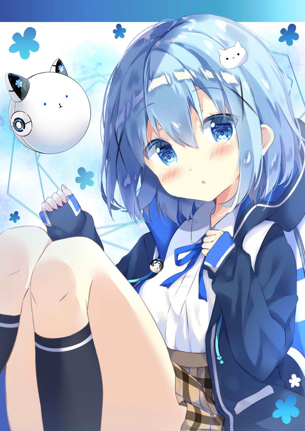 1girl bangs black_legwear blue_eyes blue_hair blue_jacket blue_ribbon blush breasts brown_skirt character_hair_ornament clockwork_rabbit collared_shirt commentary_request dress_shirt eyebrows_visible_through_hair fingernails gochuumon_wa_usagi_desu_ka? hair_between_eyes hair_ornament hands_up highres hood hood_down hooded_jacket jacket kafuu_chino kneehighs knees_up long_sleeves neck_ribbon open_clothes open_jacket pinching_sleeves plaid plaid_skirt ribbon saeki_sora shirt sidelocks sitting skirt sleeves_past_wrists small_breasts solo tippy_(gochiusa) white_shirt x_hair_ornament