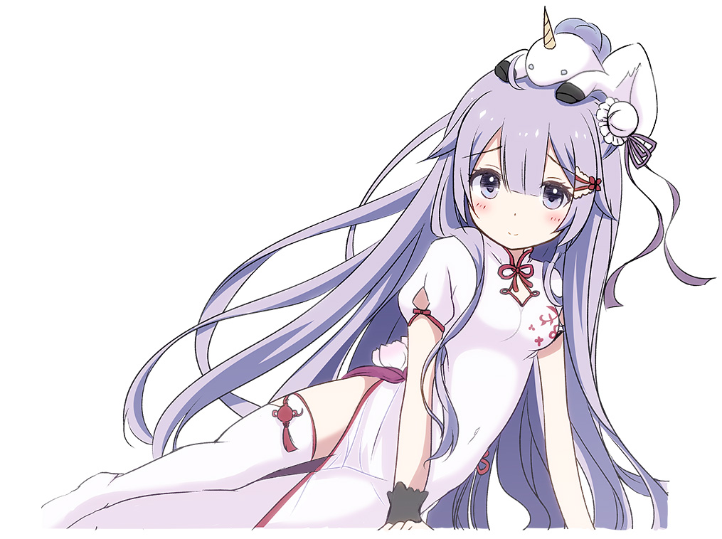 1girl arm_support azur_lane bangs blush breasts bun_cover china_dress chinese_clothes closed_mouth commentary_request dress eyebrows_visible_through_hair hair_between_eyes hair_bun hair_ribbon long_hair looking_at_viewer no_shoes puffy_short_sleeves puffy_sleeves purple_hair purple_ribbon ribbon short_sleeves side_bun simple_background small_breasts smile solo stuffed_alicorn stuffed_animal stuffed_toy sukireto thigh-highs unicorn_(azur_lane) unicorn_(spring's_present)_(azur_lane) very_long_hair violet_eyes white_background white_dress white_legwear wrist_cuffs