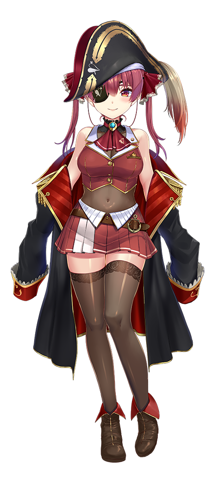 1girl akasaai bare_shoulders belt black_coat blush breasts brooch brown_footwear closed_mouth covered_navel eyepatch hat hololive houshou_marine jewelry large_breasts medium_hair miniskirt pirate pirate_hat pleated_skirt red_eyes red_shirt red_skirt redhead shirt skirt sleeves_past_wrists smile solo thigh-highs thighs virtual_youtuber zettai_ryouiki