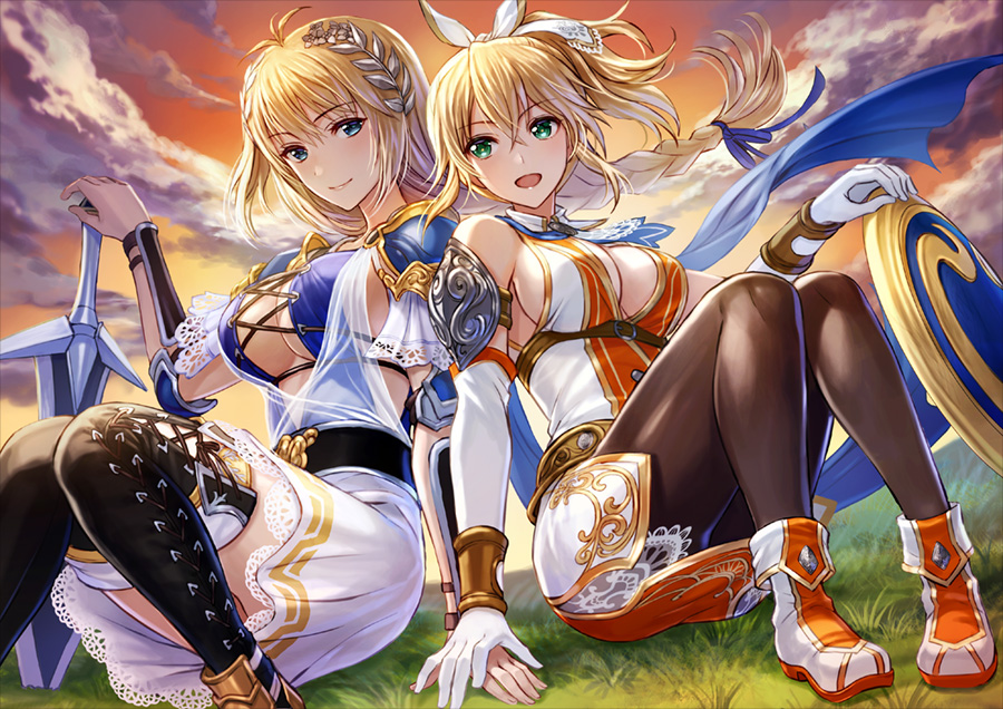 2girls arm_support artist_request bangs blonde_hair blue_eyes boots braid braided_ponytail breasts brown_legwear cassandra_alexandra closed_mouth clouds cross-laced_clothes elbow_gloves female gloves green_eyes hair_ornament hair_ribbon hand_on_another's_hand hand_on_sword high_ponytail lace long_hair multiple_girls official_art olive_wreath open_mouth outdoors pantyhose ponytail ribbon shield shoes siblings sideboob sisters sitting skirt sky sleeveless sophitia_alexandra soulcalibur soulcalibur_vi sword thigh-highs thigh_boots weapon white_gloves wreath