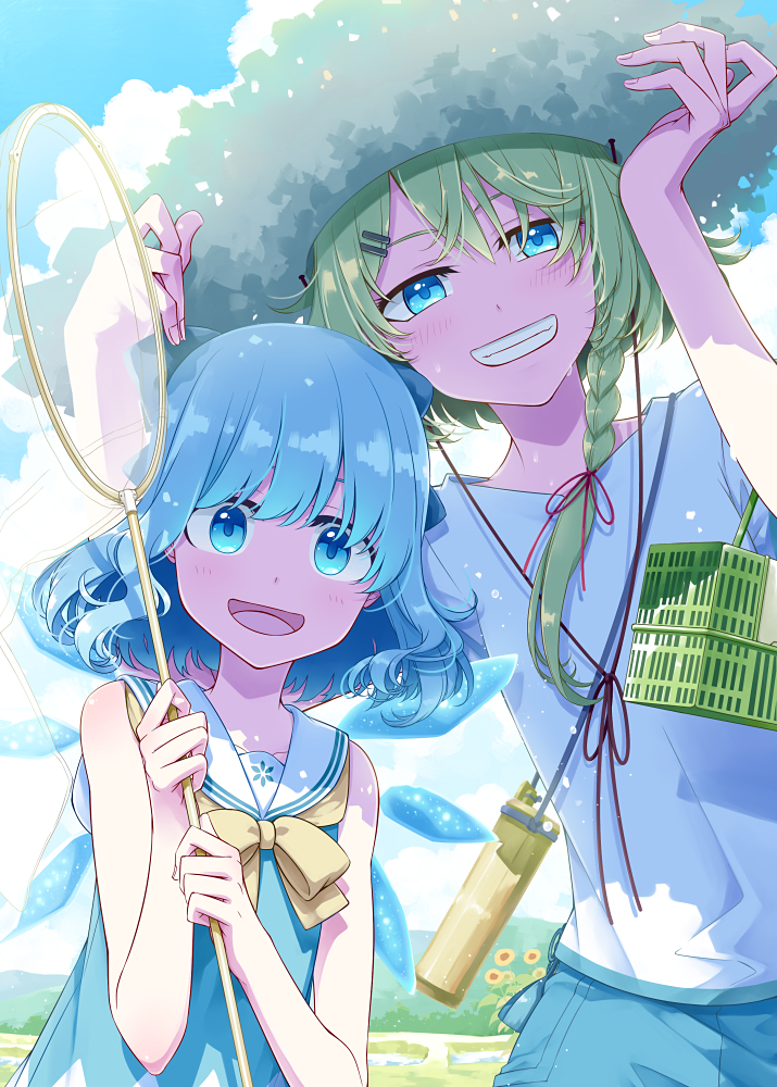 2girls alternate_costume alternate_hair_color blue_dress blue_eyes blue_hair braid bug_hunting butterfly_net cage cirno commentary_request dress field flower grass green_hair grin hand_net hat ice ice_wings kirisame_marisa looking_at_viewer multiple_girls open_mouth outdoors sailor_collar sakuraba_yuuki shadow shirt short_sleeves single_braid sleeveless smile straw_hat summer sun_hat sunflower sunlight t-shirt teeth touhou white_shirt wings