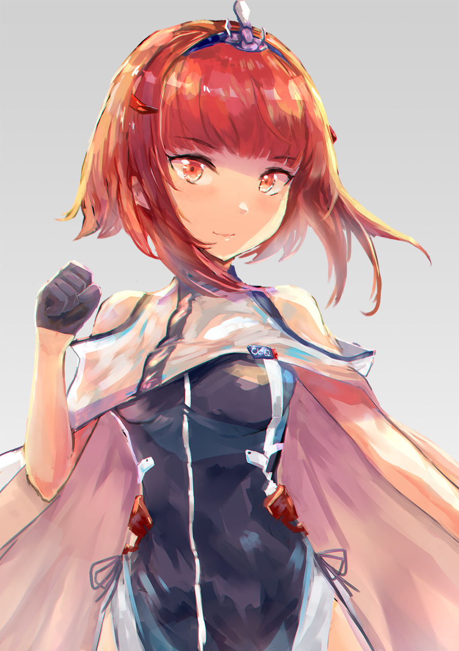 1girl azur_lane bangs bare_shoulders birmingham_(azur_lane) black_gloves blunt_bangs breasts capelet closed_mouth commentary eyebrows_visible_through_hair fatherland2009 gloves grey_background half_gloves highres leotard looking_at_viewer medium_breasts red_eyes redhead short_hair side_slit sidelocks simple_background sleeveless smile solo standing tiara