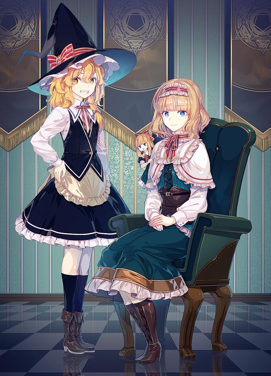 3girls alice_margatroid apron armchair bangs black_headwear black_legwear black_skirt black_vest blonde_hair blue_dress blue_eyes boots bow braid brown_footwear capelet chair checkered checkered_floor commentary_request corset cross-laced_clothes dress eyebrows_visible_through_hair frilled_apron frilled_capelet frilled_hairband frills full_body grin hair_between_eyes hair_ribbon hairband hand_on_hip hat hat_bow highres indoors kirisame_marisa kneehighs lolita_hairband long_hair long_sleeves looking_at_viewer miniskirt multiple_girls neck_ribbon own_hands_together pantyhose petticoat puffy_short_sleeves puffy_sleeves red_bow red_hairband red_neckwear red_ribbon reflection ribbon shanghai_doll shirt short_hair short_sleeves single_braid sitting skirt skirt_set smile standing striped striped_bow touhou vest waist_apron white_apron white_capelet white_legwear white_shirt witch_hat yellow_eyes zounose