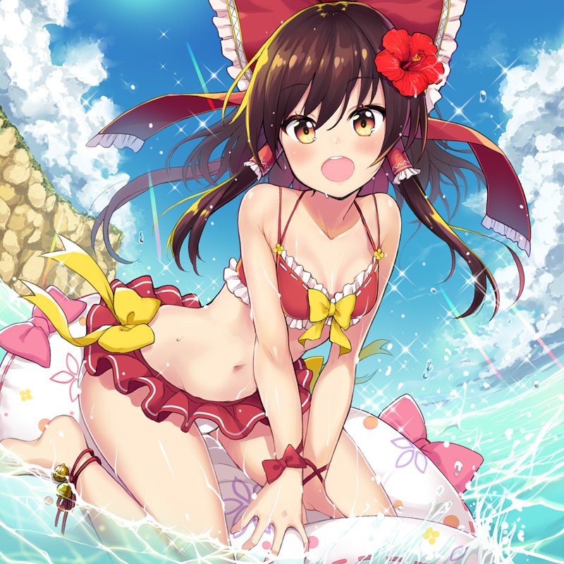 1girl bare_arms bare_shoulders barefoot bell bikini bikini_skirt blue_sky bow breasts brown_hair caustics cliff clouds collarbone commentary_request day fisheye floating_hair flower frilled_bow frills groin hair_bow hair_flower hair_ornament hair_tubes hakurei_reimu hibiscus inflatable_raft jingle_bell long_hair looking_at_viewer minamura_haruki navel ocean open_mouth orange_eyes outdoors red_bikini red_bow red_flower sky small_breasts solo sparkle sunlight swimsuit touhou v_arms water yellow_bow