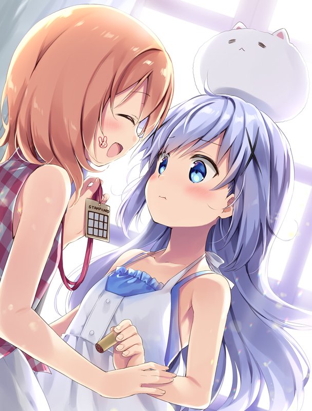 2girls :d angora_rabbit animal animal_on_head bangs bare_arms bare_shoulders blue_eyes blue_hair blush brown_hair closed_mouth collarbone commentary_request dress dutch_angle eye_contact eyebrows_visible_through_hair facing_another gochuumon_wa_usagi_desu_ka? hair_between_eyes holding hoto_cocoa kafuu_chino long_hair looking_at_another multiple_girls natsume_eri on_head open_mouth plaid plaid_shirt profile rabbit shirt sleeveless sleeveless_dress sleeveless_shirt smile tippy_(gochiusa) very_long_hair white_dress window