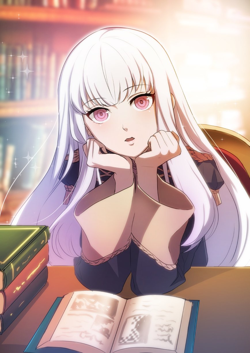 1girl bangs blush book chair epaulettes fire_emblem fire_emblem:_three_houses highres jacket kokouno_oyazi long_hair long_sleeves looking_at_viewer lysithea_von_cordelia open_mouth pink_eyes solo sparkle uniform upper_body violet_eyes white_hair