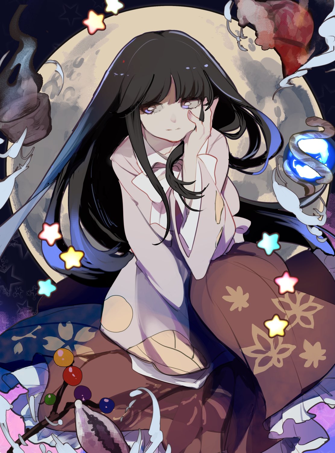 1girl alternate_eye_color arm_support bangs black_hair blunt_bangs bow bowl bowtie branch chin_rest closed_mouth collared_shirt commentary conch danmaku expressionless floating floating_hair floating_object floral_print frilled_skirt frills full_moon glowing head_on_hand highres hime_cut houraisan_kaguya japanese_clothes jeweled_branch_of_hourai joniko1110 lavender_eyes leg_up long_hair long_skirt long_sleeves looking_to_the_side moon pink_shirt red_skirt shirt sidelocks skirt smoke solo star touhou very_long_hair violet_eyes white_bow