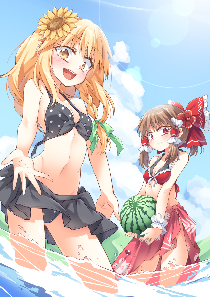2girls :d bangs bare_arms bare_shoulders bikini bikini_skirt black_bikini black_skirt blonde_hair blue_sky blush bow braid breasts brown_hair clouds commentary_request cowboy_shot day eyebrows_visible_through_hair floral_print flower food frilled_bow frills front-tie_bikini front-tie_top fruit green_ribbon hair_bow hair_flower hair_ornament hair_ribbon hair_tubes hakurei_reimu hibiscus highres holding holding_food holding_fruit ina_(inadahime) kirisame_marisa lens_flare long_hair looking_at_viewer miniskirt multiple_girls navel no_hat no_headwear open_mouth outdoors pleated_skirt polka_dot polka_dot_bikini ponytail red_bikini red_bow red_eyes red_flower ribbon sarong short_hair sidelocks single_braid skirt sky small_breasts smile standing stomach sunflower swimsuit thighs touhou wading water water_drop watermelon wrist_cuffs yellow_eyes