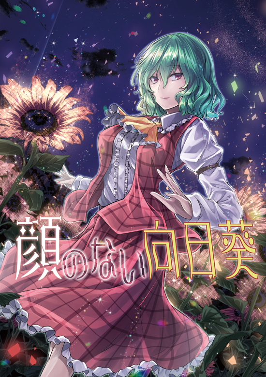 1girl ascot bangs breasts center_frills clouds commentary_request confetti cover dutch_angle eyebrows_visible_through_hair feet_out_of_frame field flower flower_field frilled_ascot frilled_shirt_collar frills green_hair hair_between_eyes juliet_sleeves kazami_yuuka large_breasts long_sleeves looking_at_viewer night night_sky petticoat plaid plaid_skirt plaid_vest puffy_sleeves red_eyes red_skirt red_vest shirt short_hair skirt skirt_set sky smile solo standing sunflower touhou translated vest white_shirt y2 yellow_neckwear