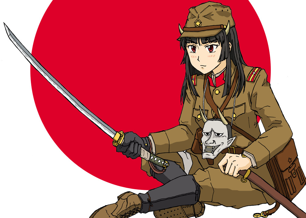 belt black_hair blush boots cape crapgame crossed_legs demon_horns flag_background gloves hat hinomoto_oniko horns japanese_flag katana mask mask_removed military military_hat military_uniform pants red_eyes sword uniform weapon