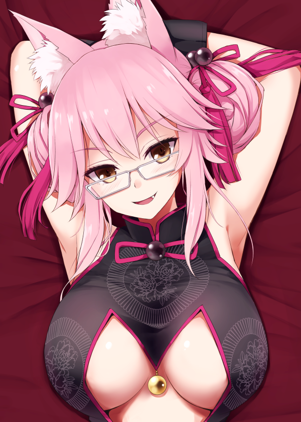 1girl animal_ear_fluff animal_ears armpits arms_behind_head arms_up bangs bare_shoulders bell black_dress black_gloves blush breasts center_opening china_dress chinese_clothes dress fang fate/grand_order fate_(series) fox_ears glasses gloves hair_between_eyes jingle_bell koyanskaya kurikara large_breasts long_hair looking_at_viewer open_mouth pink_hair sidelocks smile solo tassel tied_hair yellow_eyes