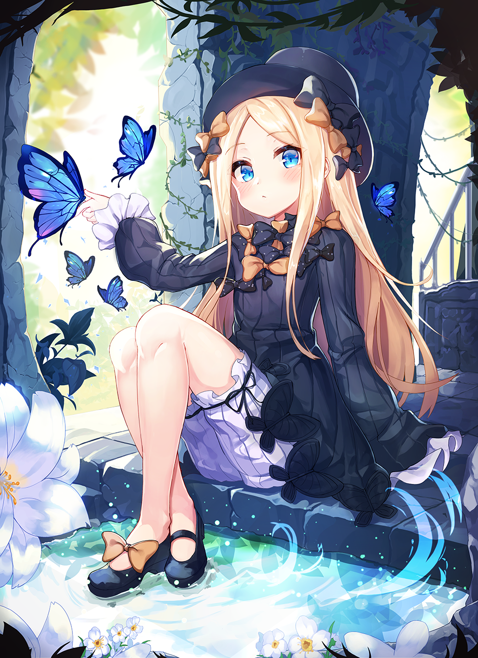 1girl 2drr abigail_williams_(fate/grand_order) animal bangs black_bow black_dress black_footwear black_headwear blonde_hair bloomers blue_eyes blurry blurry_background blush bow bug butterfly closed_mouth commentary_request day depth_of_field dress eyebrows_visible_through_hair fate/grand_order fate_(series) flower forehead full_body hair_bow hat highres insect knees_up long_hair long_sleeves orange_bow parted_bangs polka_dot polka_dot_bow railing shoes sitting sleeves_past_fingers sleeves_past_wrists solo stairs stone_stairs underwear very_long_hair water white_bloomers white_flower