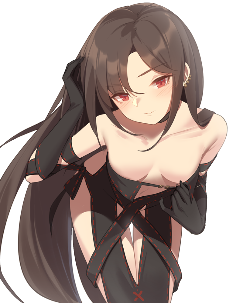 1girl bangs bare_shoulders black_dress black_gloves blush breasts brown_hair center_opening choker closed_mouth collarbone consort_yu_(fate) dress ear_piercing earrings elbow_gloves fate/grand_order fate_(series) gloves hand_in_hair jewelry leaning_forward long_hair looking_at_viewer multiple_earrings piercing red_eyes revealing_clothes simple_background small_breasts smile solo thighs very_long_hair white_background yura_(botyurara)