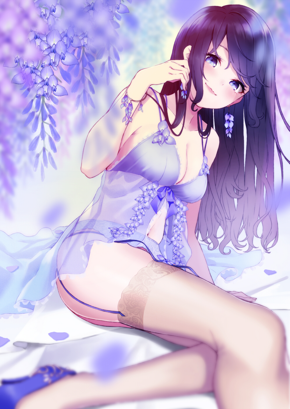 1girl arm_support babydoll bangs blue_eyes blurry blush bracelet breasts collarbone depth_of_field earrings flower frilled_babydoll frills garter_belt hand_up highres jewelry knees_together_feet_apart lace lace-trimmed_legwear lingerie lips long_hair looking_at_viewer medium_breasts navel original purple_babydoll reclining retsuna see-through shoes sidelocks skindentation smile solo thigh-highs underwear wisteria