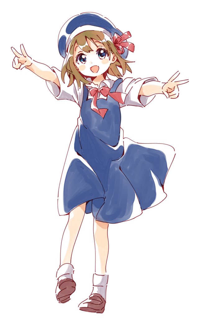 1girl arms_up bangs beret blue_eyes blush brown_hair character_request copyright_request double_v dress full_body hair_between_eyes hat loafers loose_clothes namori neck_ribbon open_mouth outstretched_arms ribbon school_uniform shoes short_sleeves smile socks solo standing v white_background white_legwear