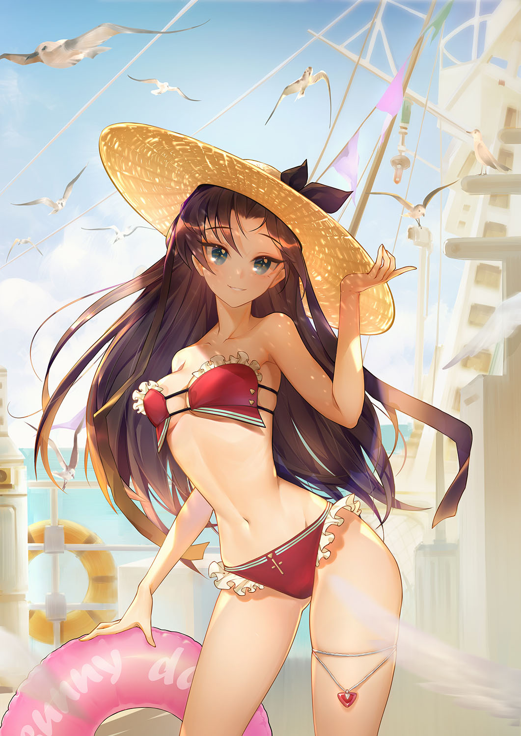 1girl animal beach bikini bird blush cute emiya-san_chi_no_kyou_no_gohan fate/grand_order fate/hollow_ataraxia fate/stay_night fate_(series) female_focus female_swimwear green_eyes hat highres human innertube long_hair looking_at_viewer orry seagull smile summer swimsuit tagme tohsaka_rin toosaka_rin type-moon ufotable