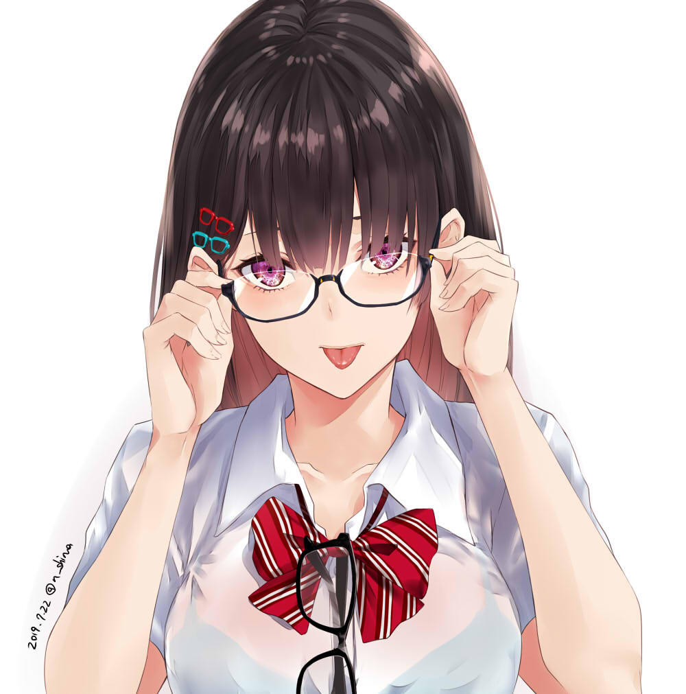 1girl :p adjusting_eyewear artist_name bangs black-framed_eyewear black_bra black_hair bow bowtie bra bra_through_clothes breasts collarbone commentary_request dated glasses hair_between_eyes hair_ornament hands_up long_hair looking_at_viewer medium_breasts nabeshima_tetsuhiro original red_bow red_neckwear see-through shirt short_sleeves simple_background solo striped striped_neckwear tongue tongue_out twitter_username underwear upper_body violet_eyes white_background white_shirt