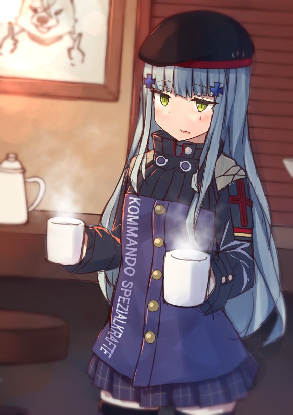 1girl beret coffee coffee_mug cup dog german_flag german_text girls_frontline green_eyes hat hk416_(girls_frontline) long_hair mug painting_(object) room shinopoko silver_hair solo steam