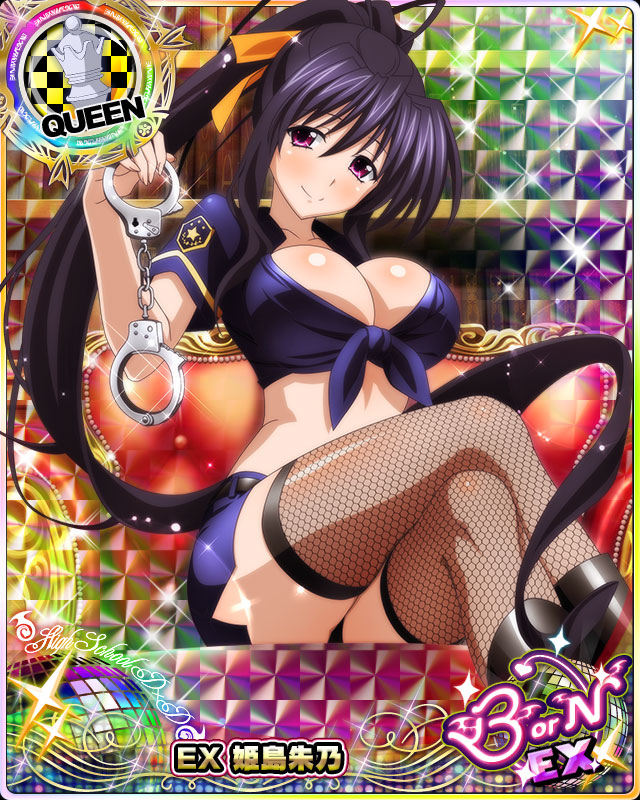 1girl black_footwear black_hair boots breasts card_(medium) character_name chess_piece closed_mouth crop_top cuffs fishnet_legwear fishnets hair_ribbon handcuffs high_school_dxd high_school_dxd_born himejima_akeno large_breasts long_hair long_ponytail looking_at_viewer midriff official_art police police_uniform policewoman ponytail queen_(chess) ribbon sitting skirt smile solo source_request thigh-highs trading_card uniform very_long_hair violet_eyes