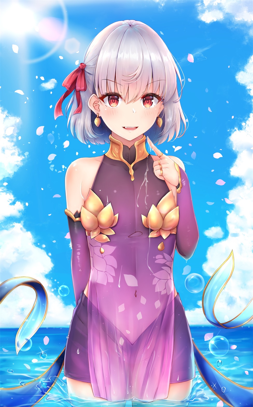 1girl arm_behind_back bangs bare_shoulders blue_sky blush breasts commentary_request day detached_sleeves dress earrings endsmall_min eyebrows_visible_through_hair fate/grand_order fate_(series) hair_between_eyes hair_ribbon highres in_water jewelry kama_(fate/grand_order) leaf looking_at_viewer navel outdoors purple_dress red_eyes red_ribbon ribbon short_hair silver_hair sky sleeveless sleeveless_dress smile solo standing upper_teeth