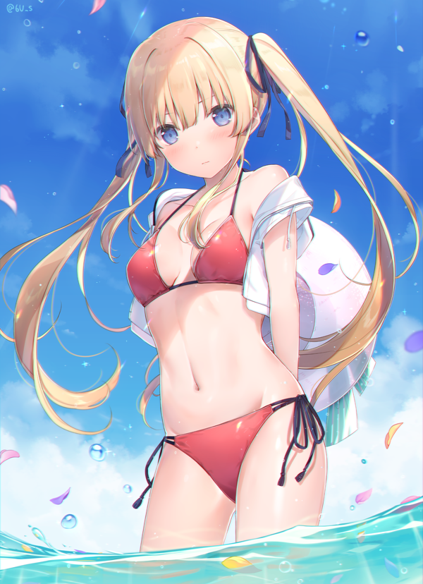 1girl 6u_(eternal_land) bare_shoulders bikini blonde_hair blue_eyes blue_sky breasts breasts_apart closed_mouth clouds collarbone cropped_jacket day drawstring floating_hair groin hair_ribbon halterneck hat jacket long_hair looking_at_viewer medium_breasts multi-strapped_bikini navel off_shoulder open_clothes open_jacket outdoors petals red_bikini ribbon saenai_heroine_no_sodatekata sawamura_spencer_eriri side-tie_bikini sidelocks sky solo standing stomach sun_hat swimsuit thighs twintails twitter_username wading water white_jacket