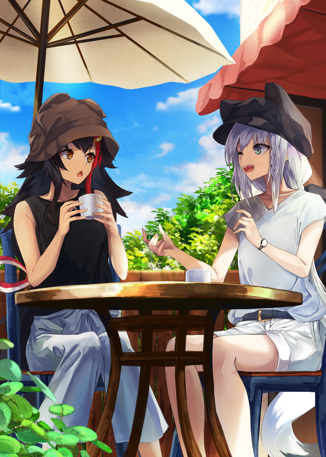 2girls ;d animal_ears animal_hat bare_shoulders belt belt_buckle black_belt black_hair black_shirt blue_shirt blue_sky braid brown_eyes brown_headwear buckle chair clouds cloudy_sky collarbone commentary_request cup day dog_hair_ornament eye_contact fake_animal_ears fang feet_out_of_frame fox_ears fox_girl fox_hat fox_tail grey_pants hat highres holding holding_cup hololive konkito long_hair looking_at_another multicolored_hair multiple_girls on_chair one_eye_closed ookami_mio open_mouth outdoors pants parasol redhead shirakami_fubuki shirt short_shorts short_sleeves shorts side_braid silver_hair sitting sky sleeveless sleeveless_shirt smile streaked_hair table tail umbrella very_long_hair virtual_youtuber watch watch white_shorts