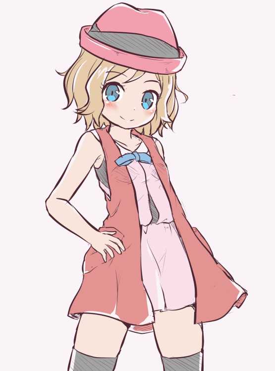 1girl bangs bare_arms bare_shoulders black_legwear blonde_hair blue_bow blue_eyes blush bow brown_background closed_mouth collarbone dress eyebrows_visible_through_hair hand_on_hip hat jacket nekono_rin open_clothes open_jacket pink_dress pokemon pokemon_(game) pokemon_sm red_headwear red_jacket serena_(pokemon) simple_background sleeveless sleeveless_jacket smile solo thigh-highs