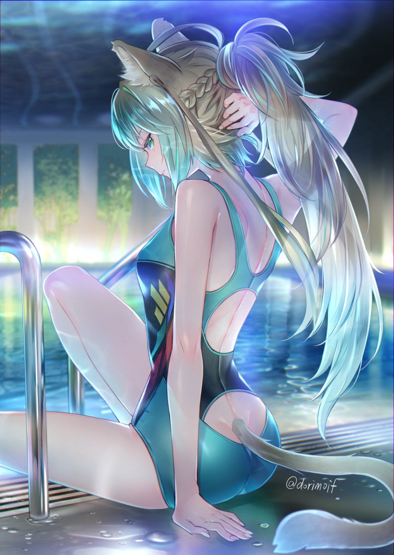 1girl alternate_hairstyle animal_ears arm_behind_head arm_support atalanta_(fate) blonde_hair braid breasts cat_ears cat_girl cat_tail commentary_request competition_swimsuit fate/grand_order fate_(series) from_behind green_eyes green_hair long_hair looking_at_viewer looking_to_the_side miyuki_ruria multicolored_hair one-piece_swimsuit ponytail poolside sidelocks sitting small_breasts solo swimsuit tail twitter_username two-tone_hair