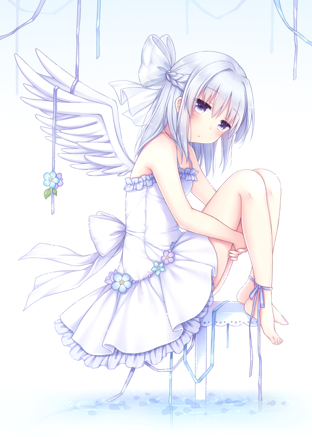 1girl ankle_ribbon barefoot blue_hair blush bow braid breasts chunithm commentary_request dress eyebrows_visible_through_hair flower frilled_dress frills from_side hair_bow kobotoke_nagi leg_hug long_hair own_hands_together parted_lips petals purple_ribbon ribbon sanotsuki sitting small_breasts solo violet_eyes white_background white_bow white_dress white_wings wings