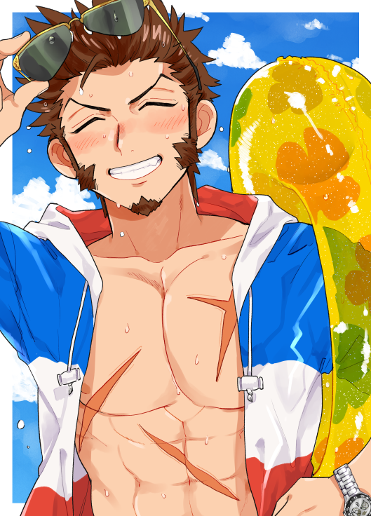 1boy beard blue_eyes blush brown_hair chest closed_eyes clouds cloudy_sky commentary_request facial_hair fate/grand_order fate_(series) french_flag glasses looking_at_viewer male_focus napoleon_bonaparte_(fate/grand_order) open_clothes pectorals scar shitappa sky solo teeth water_drop