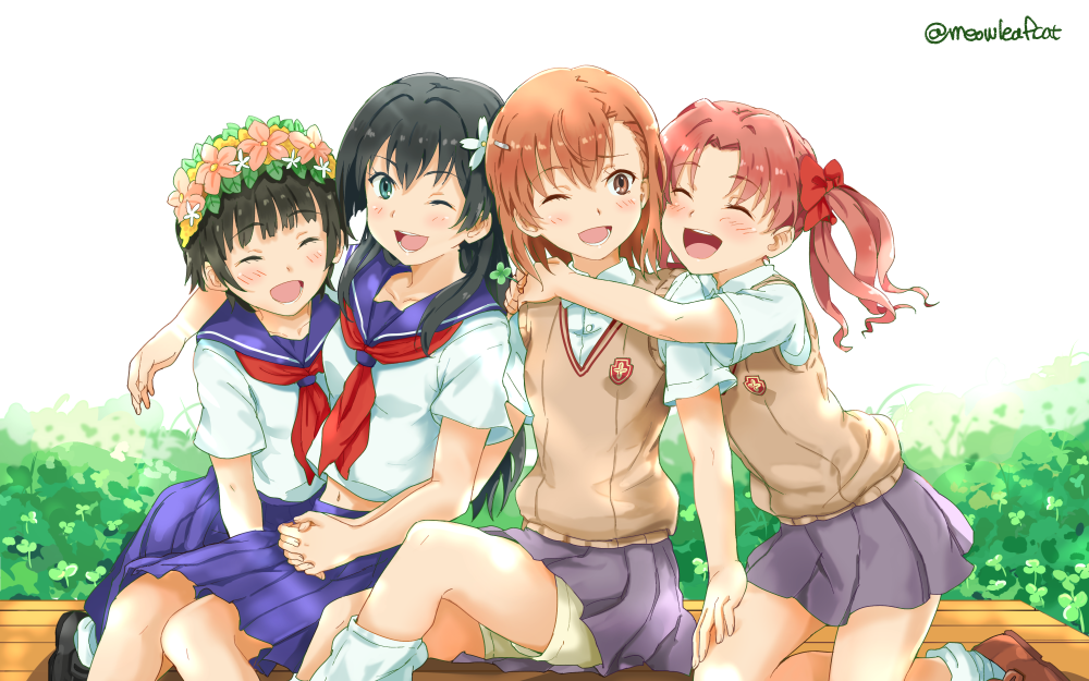 4girls bench black_hair blue_sailor_collar blue_skirt brown_eyes brown_hair bush closed_eyes commentary_request cowboy_shot dress_shirt flower green_eyes grey_skirt ha_neko hair_flower hair_ornament head_wreath hug hug_from_behind kneehighs long_hair loose_socks misaka_mikoto multiple_girls neckerchief one_eye_closed pleated_skirt red_neckwear sailor_collar sakugawa_school_uniform saten_ruiko school_uniform serafuku shirai_kuroko shirt short_hair short_sleeves shorts shorts_under_skirt skirt sweater_vest to_aru_kagaku_no_railgun to_aru_majutsu_no_index tokiwadai_school_uniform twintails uiharu_kazari white_legwear white_shirt yellow_shorts