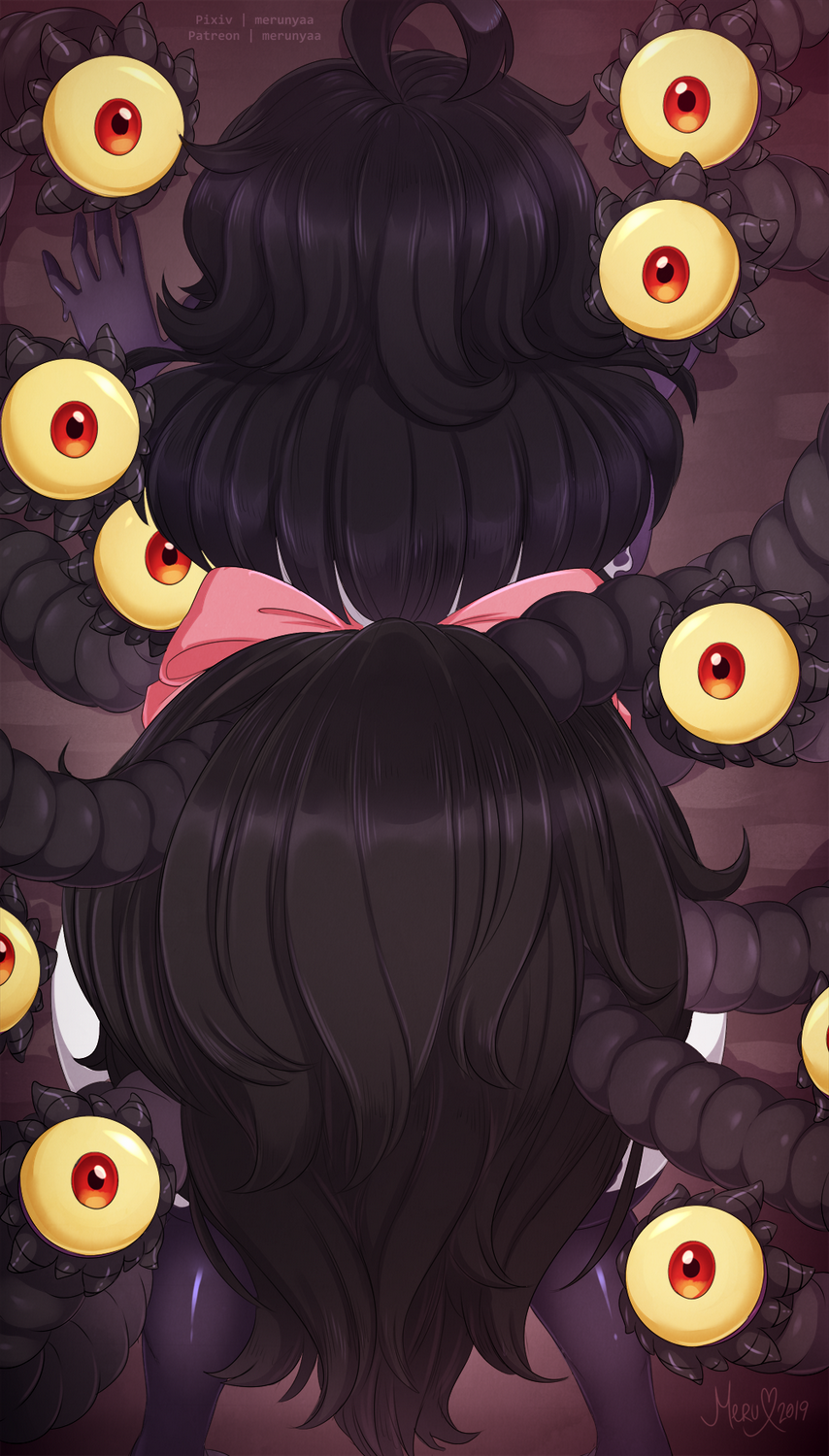 1girl 2019 against_wall ahoge artist_name bent_over black_hair bow commentary english_commentary extra_eyes facing_away gazer_(monster_girl_encyclopedia) highres long_hair looking_at_viewer merunyaa monster_girl monster_girl_encyclopedia patreon_username pink_bow pixiv_username protected_link red_eyes signature solo tail tentacles waist_bow watermark white_skin yellow_sclera