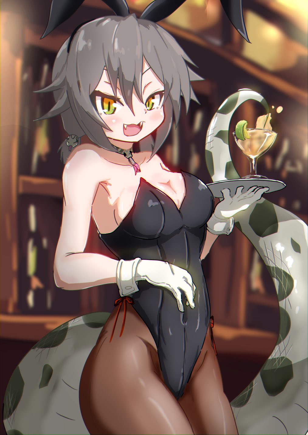 1girl alternate_costume animal_ears bare_shoulders black_leotard blush bow bunnysuit choker cocktail_glass commentary_request cup drinking_glass fake_animal_ears fangs fzr332211 glove_cuffs gloves green_eyes grey_hair habu_(kemono_friends) hair_tie highleg highleg_leotard highres kemono_friends leotard lime_slice multicolored multicolored_eyes open_mouth pantyhose play print_neckwear rabbit_ears red_bow short_hair sleeveless snake_print snake_tail solo tail tray white_gloves yellow_eyes
