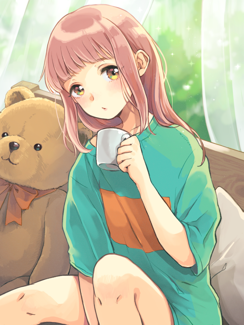 1girl aqua_shirt bangs blunt_bangs brown_hair cup curtains indoors kamogawa_akira looking_at_viewer medium_hair mug on_bed original pillow shirt sidelocks sitting solo stuffed_animal stuffed_toy t-shirt teddy_bear window yellow_eyes