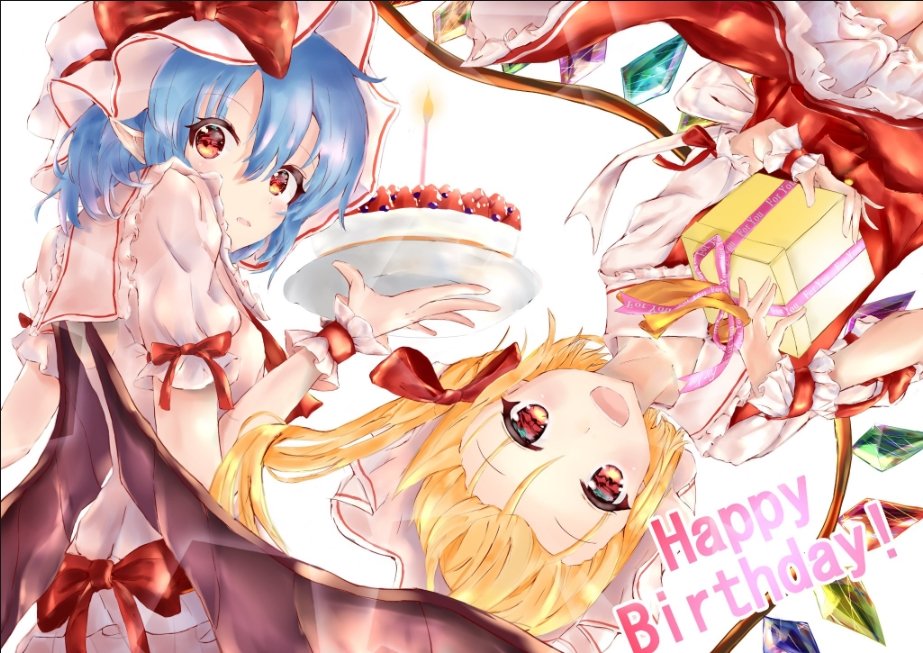 2girls :d ascot back_cutout bangs bat_wings blonde_hair bloomers blue_hair blush bow box candle commentary_request cowboy_shot crystal dress eyebrows_visible_through_hair flandre_scarlet forehead frilled_shirt_collar frills from_behind gift gift_box hair_between_eyes hair_bow hand_up happy_birthday hat hat_bow holding holding_box holding_cake long_hair looking_at_viewer looking_back mob_cap multiple_girls one_side_up open_mouth parted_lips petticoat pink_dress pink_headwear pointy_ears puffy_short_sleeves puffy_sleeves red_bow red_eyes red_neckwear red_skirt red_vest remilia_scarlet sakusyo shirt short_hair short_sleeves siblings simple_background sisters skirt skirt_set smile touhou underwear upper_body vest white_background white_bloomers white_headwear white_shirt wings wrist_cuffs