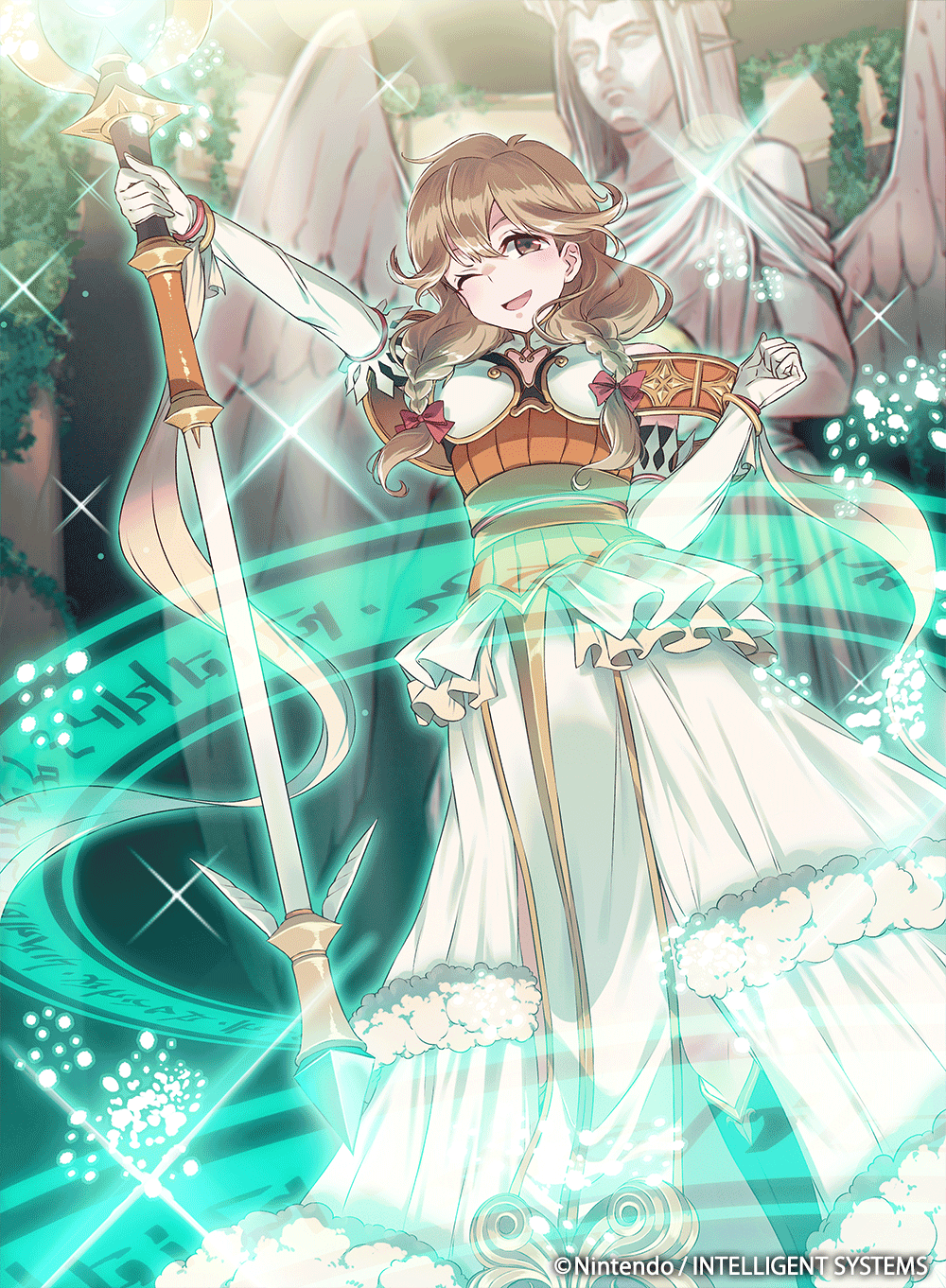 1girl 40hara blonde_hair bracelet braid brown_eyes company_name copyright_name dress elbow_gloves faye_(fire_emblem) fire_emblem fire_emblem_cipher fire_emblem_echoes:_shadows_of_valentia gloves highres holding holding_staff jewelry long_hair magic_circle official_art one_eye_closed open_mouth solo staff statue twin_braids white_gloves