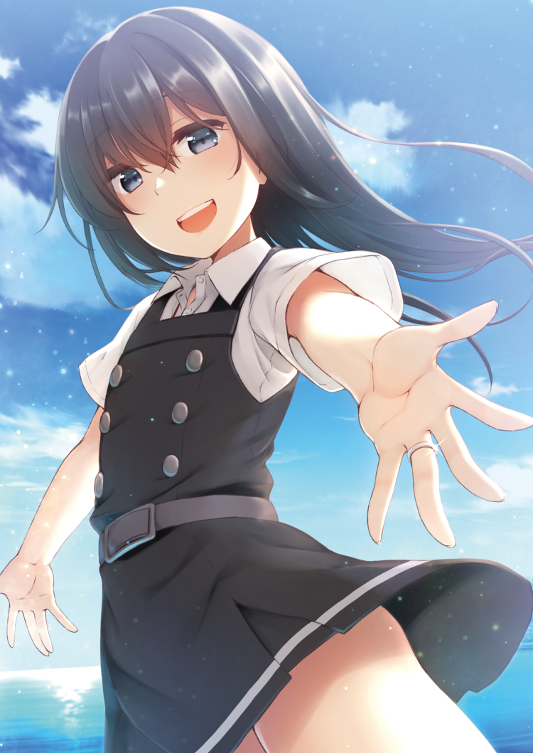 1girl asashio_(kantai_collection) belt black_belt black_hair blue_eyes blue_sky buttons clouds collared_shirt dress dress_shirt eyebrows_visible_through_hair flat_chest hair_between_eyes jewelry kantai_collection long_hair looking_at_viewer nagami_yuu no_legwear ocean open_mouth outstretched_arms pinafore_dress remodel_(kantai_collection) ring school_uniform shirt short_sleeves sky smile solo wedding_band white_shirt