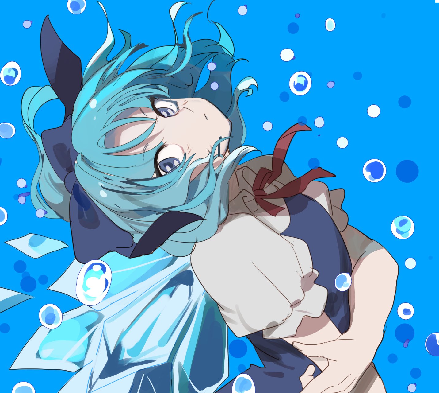 1girl bangs blue_background blue_bow blue_dress blue_eyes blue_hair bow bubble cirno closed_mouth collared_shirt dress eyebrows_visible_through_hair floating_hair frilled_sleeves frills hair_bow hand_on_own_arm head_tilt highres ice ice_wings joniko1110 looking_at_viewer looking_to_the_side neck_ribbon puffy_short_sleeves puffy_sleeves red_neckwear red_ribbon ribbon shirt short_hair short_sleeves solo touhou upper_body white_shirt wings