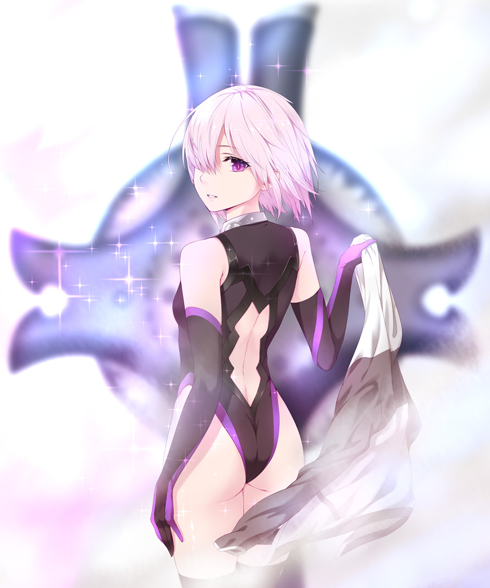 1girl ass back bare_shoulders black_gloves black_legwear breasts elbow_gloves fate/grand_order fate_(series) gloves grin hair_over_one_eye highres hood hooded_jacket jacket jacket_removed legs looking_at_viewer mash_kyrielight ooji purple_hair shield short_hair smile solo thigh-highs violet_eyes