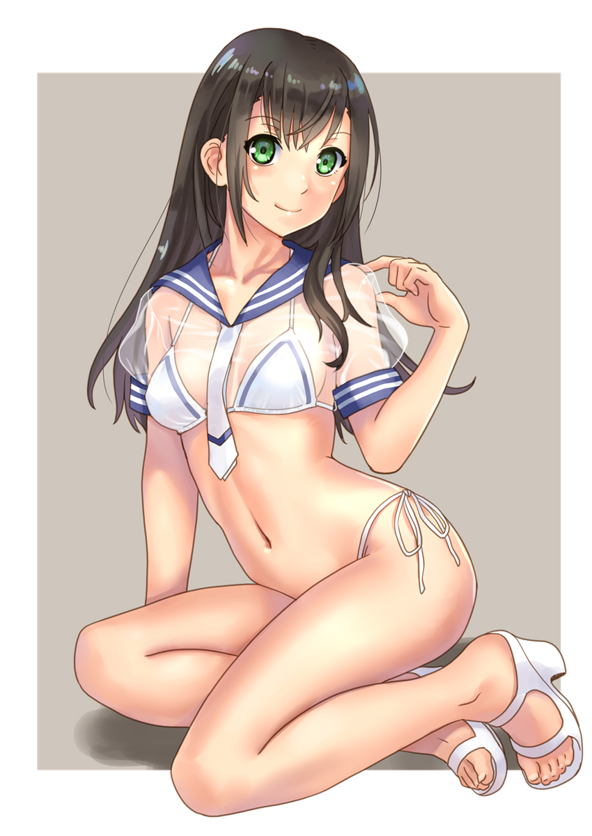 1girl bangs bikini bikini_under_clothes black_hair blue_sailor_collar breasts closed_mouth commentary_request crop_top derivative_work eyebrows_visible_through_hair full_body green_eyes hand_up head_tilt high_heels highres katahira_masashi looking_at_viewer medium_breasts navel necktie original outside_border sailor_collar see-through shadow shiny shiny_hair short_sleeves side-tie_bikini side-tie_bottom sitting sleeve_cuffs smile solo stomach straight_hair swimsuit white_footwear