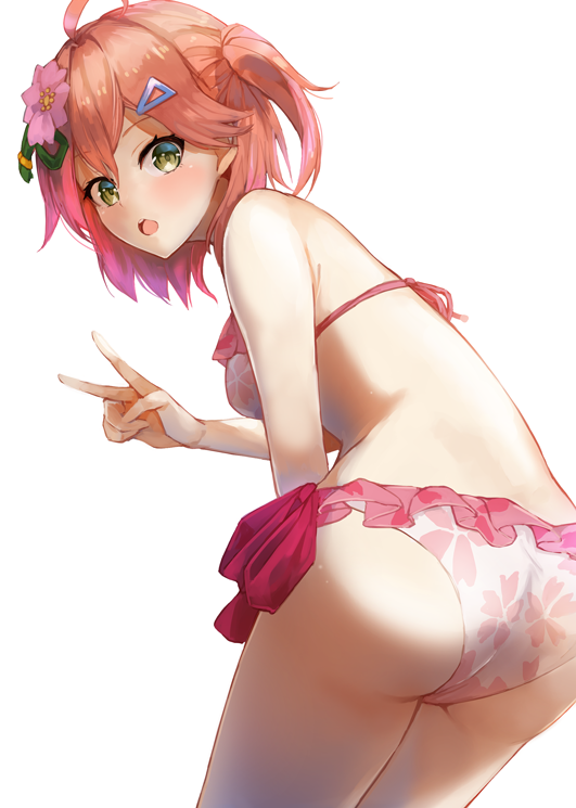 1girl ahoge alternate_costume armpits ass bangs bare_shoulders bikini cherry_blossom_print flower frilled_bikini frills from_behind green_eyes hair_flower hair_ornament hairclip hololive konkito medium_hair official_alternate_costume one_side_up open_mouth pink_bikini pink_bikini_bottom pink_bikini_top pink_hair pink_swimsuit sakura_miko solo swimsuit thighs v virtual_youtuber white_background