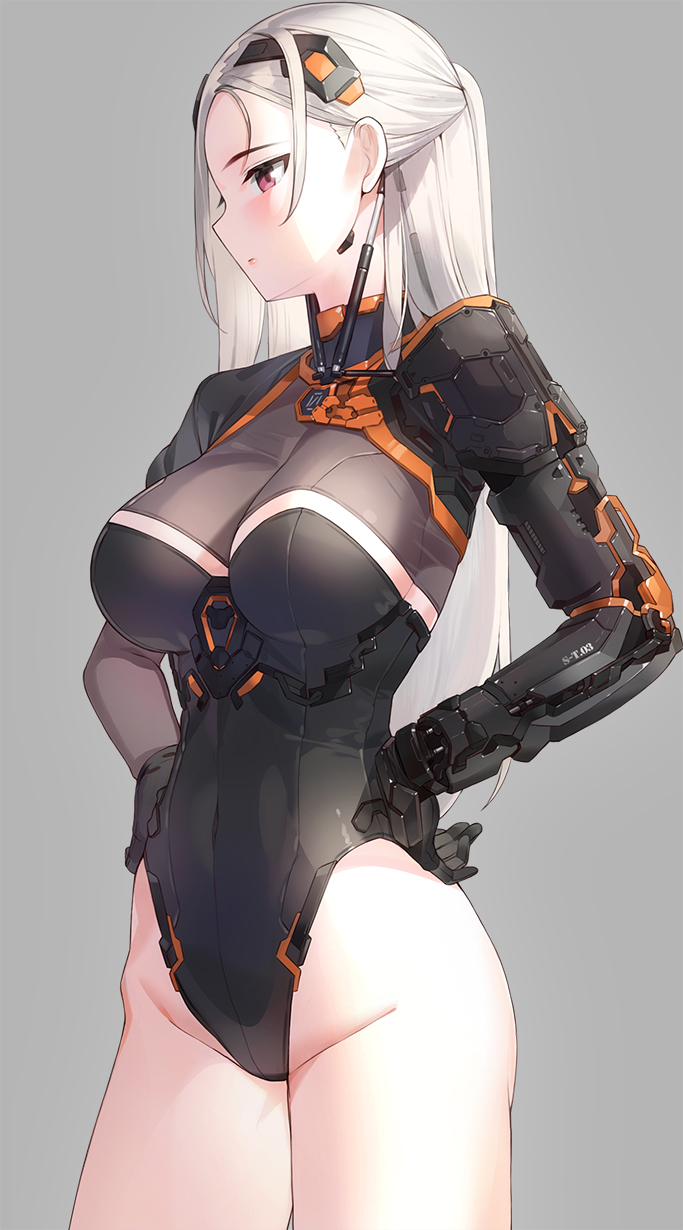 1girl bangs blush breasts closed_mouth commentary_request covered_navel cowboy_shot eyebrows_visible_through_hair groin hair_between_eyes hand_on_hip headgear highres kfr large_breasts long_hair looking_at_viewer machinery mecha mechanical_arm original red_eyes silver_hair simple_background solo standing thighs