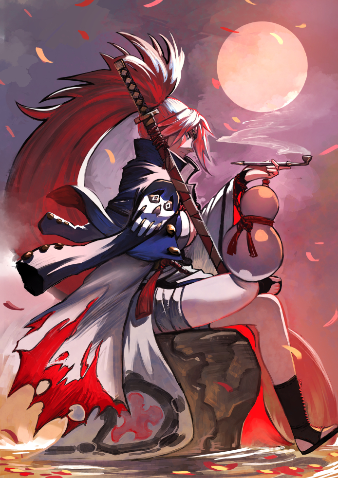 1girl amputee baiken big_hair black_jacket breasts commentary_request crossed_legs facial_tattoo from_side full_body full_moon gourd guilty_gear guilty_gear_xrd jacket jacket_on_shoulders japanese_clothes kataginu katana large_breasts long_hair looking_at_viewer moon petals pink_hair pipe ponytail red_eyes samurai sandals saumaro scabbard sheath sheathed sitting smoking solo sword tattoo very_long_hair weapon